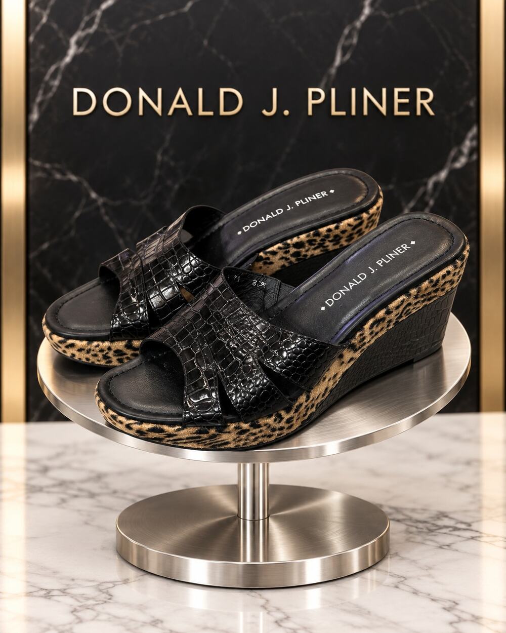 Donald J Pliner Black Croc Leopard Wedge Slide Sandals Women’s 8.5M